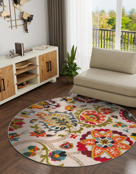 Multicolor Beige 3' 1 x 3' 1 Outdoor Casablanca Round Area Rug Weather Resistant for Patio, Deck, Terrace, Balcony, Porch Polypropylene Vivid Colorful Modern Carpet for Sale at Rug Engine