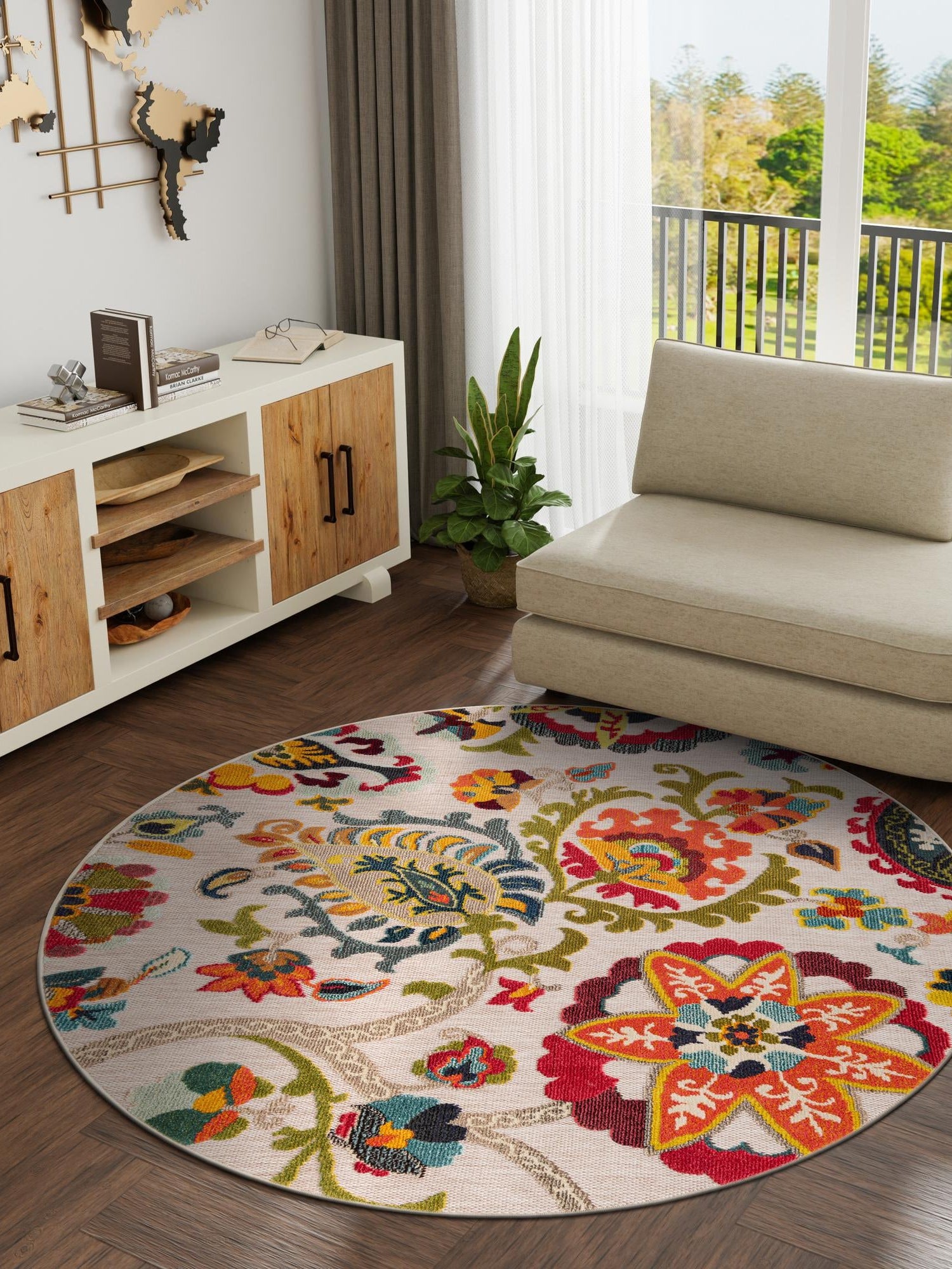 Multicolor Beige 7' 10 x 7' 10 Outdoor Casablanca Round Area Rug Weather Resistant for Patio, Deck, Terrace, Balcony, Porch Polypropylene Vivid Colorful Modern Carpet for Sale at Rug Engine