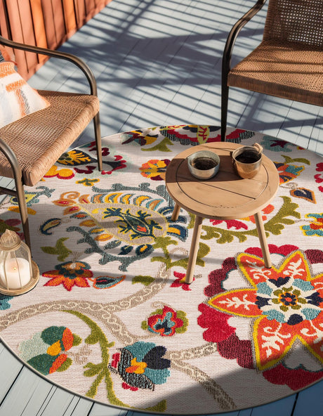 Multicolor Beige 6' 1 x 6' 1 Outdoor Casablanca Round Area Rug Weather Resistant for Patio, Deck, Terrace, Balcony, Porch Polypropylene Vivid Colorful Modern Carpet for Sale at Rug Engine