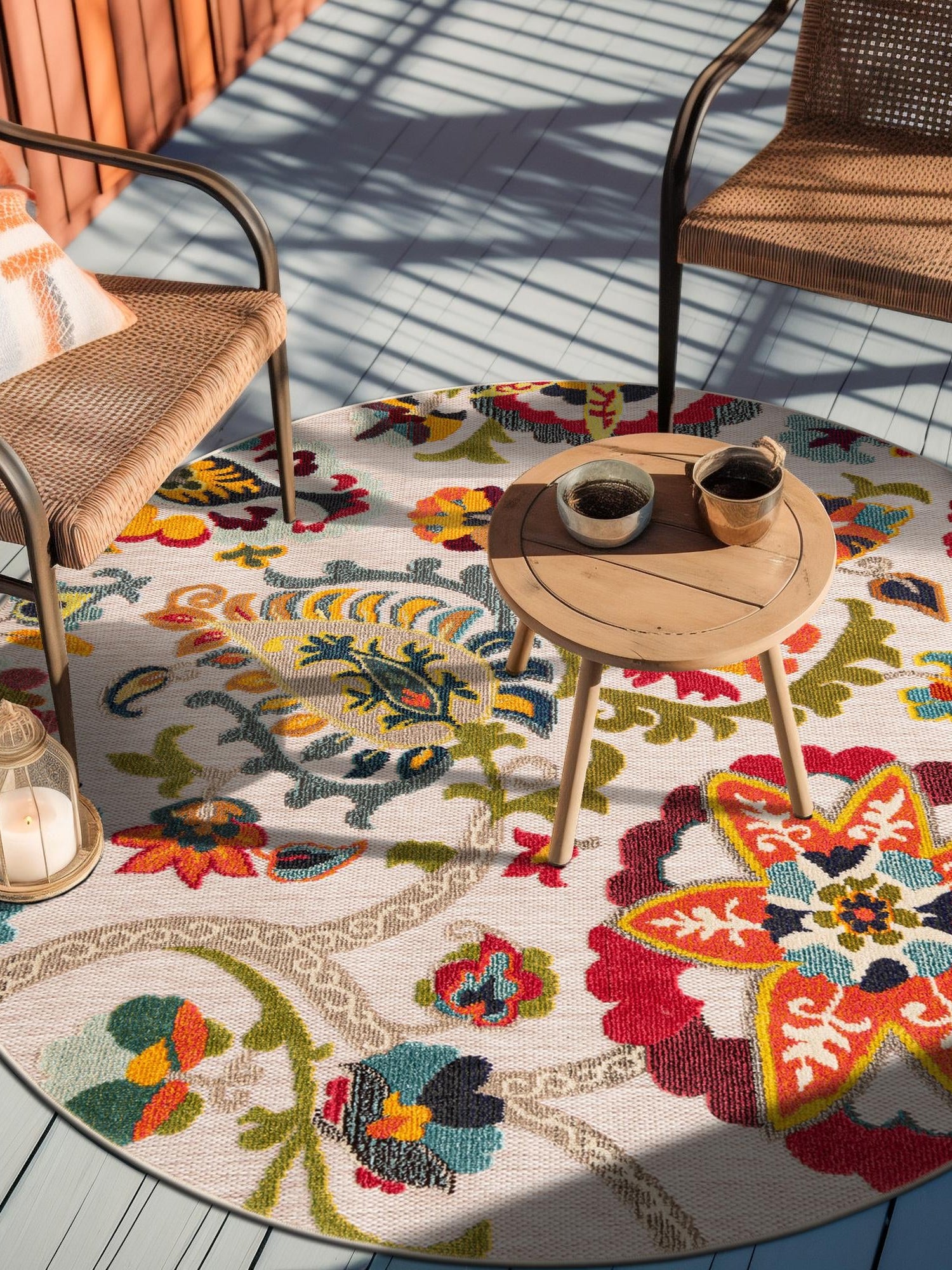 Multicolor Beige 7' 10 x 7' 10 Outdoor Casablanca Round Area Rug Weather Resistant for Patio, Deck, Terrace, Balcony, Porch Polypropylene Vivid Colorful Modern Carpet for Sale at Rug Engine