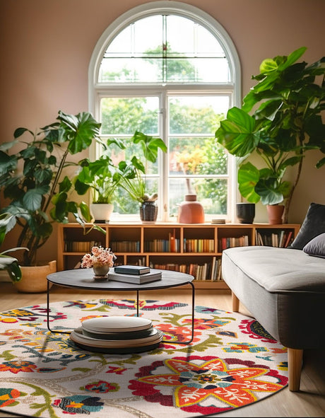 Multicolor Beige 3' 1 x 3' 1 Outdoor Casablanca Round Area Rug Weather Resistant for Patio, Deck, Terrace, Balcony, Porch Polypropylene Vivid Colorful Modern Carpet for Sale at Rug Engine