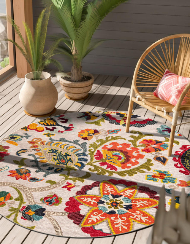 Multicolor Beige 7' 10 x 7' 10 Outdoor Casablanca Round Area Rug Weather Resistant for Patio, Deck, Terrace, Balcony, Porch Polypropylene Vivid Colorful Modern Carpet for Sale at Rug Engine