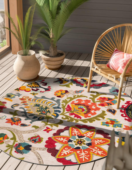 Multicolor Beige 3' 1 x 3' 1 Outdoor Casablanca Round Area Rug Weather Resistant for Patio, Deck, Terrace, Balcony, Porch Polypropylene Vivid Colorful Modern Carpet for Sale at Rug Engine