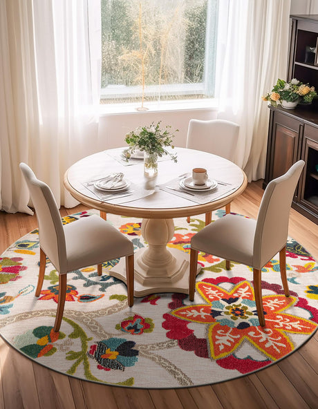 Multicolor Beige 6' 1 x 6' 1 Outdoor Casablanca Round Area Rug Weather Resistant for Patio, Deck, Terrace, Balcony, Porch Polypropylene Vivid Colorful Modern Carpet for Sale at Rug Engine