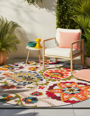 Multicolor Beige 6' 1 x 6' 1 Outdoor Casablanca Round Area Rug Weather Resistant for Patio, Deck, Terrace, Balcony, Porch Polypropylene Vivid Colorful Modern Carpet for Sale at Rug Engine