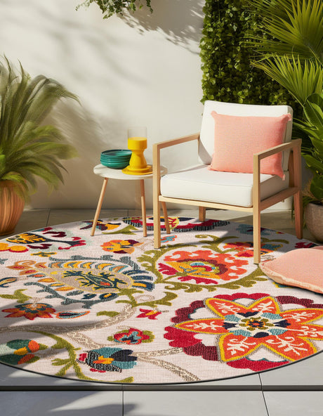 Multicolor Beige 6' 1 x 6' 1 Outdoor Casablanca Round Area Rug Weather Resistant for Patio, Deck, Terrace, Balcony, Porch Polypropylene Vivid Colorful Modern Carpet for Sale at Rug Engine