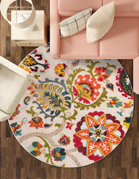 Multicolor Beige 6' 1 x 6' 1 Outdoor Casablanca Round Area Rug Weather Resistant for Patio, Deck, Terrace, Balcony, Porch Polypropylene Vivid Colorful Modern Carpet for Sale at Rug Engine