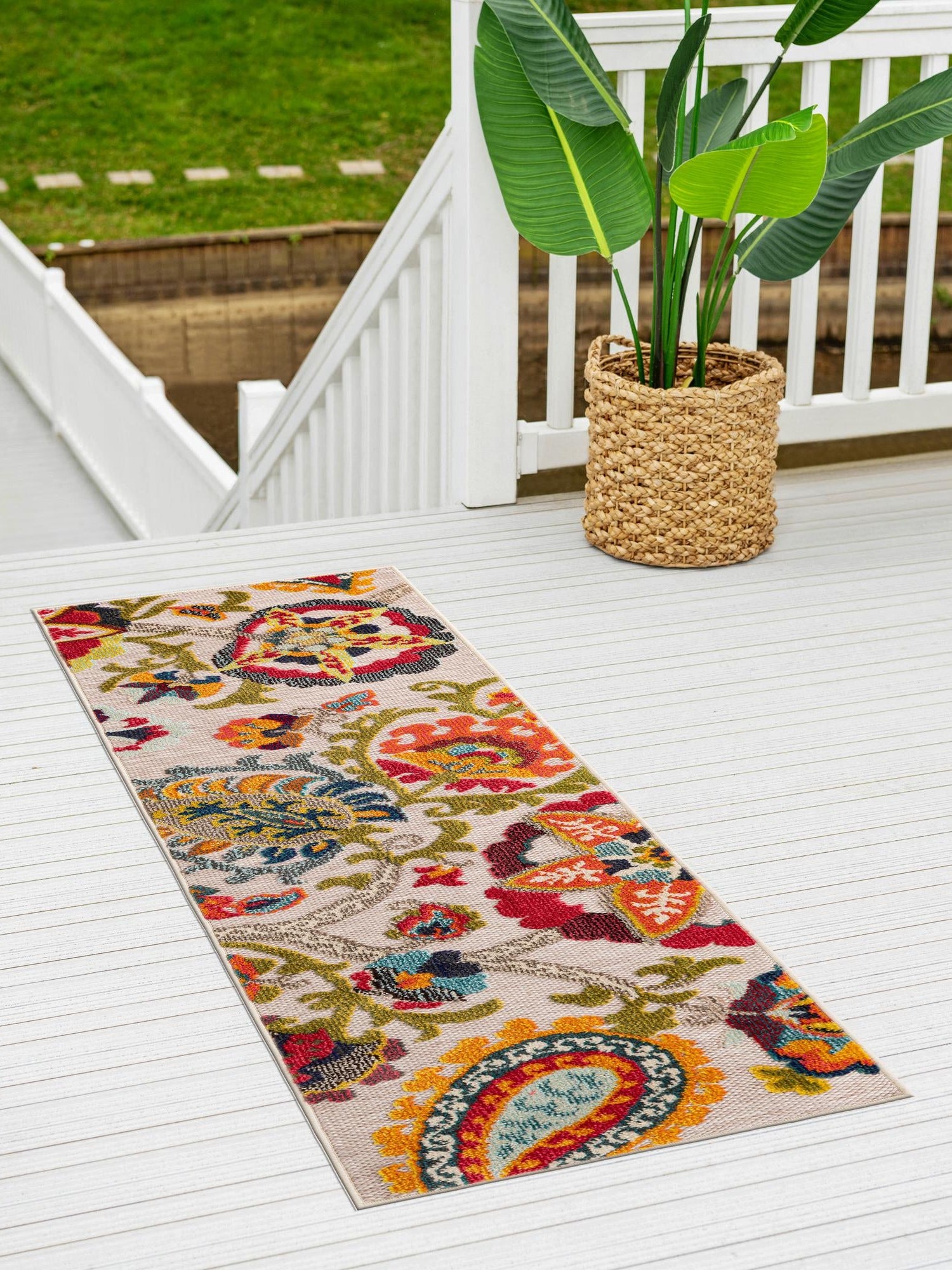 Multicolor Beige 2' x 8' Outdoor Casablanca Runner Area Rug Weather Resistant for Patio, Deck, Terrace, Balcony, Porch Polypropylene Vivid Colorful Modern Carpet for Sale at Rug Engine