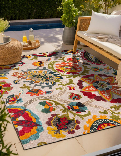 Multicolor Beige 10' x 10' Outdoor Casablanca Square Area Rug Weather Resistant for Patio, Deck, Terrace, Balcony, Porch Polypropylene Vivid Colorful Modern Carpet for Sale at Rug Engine