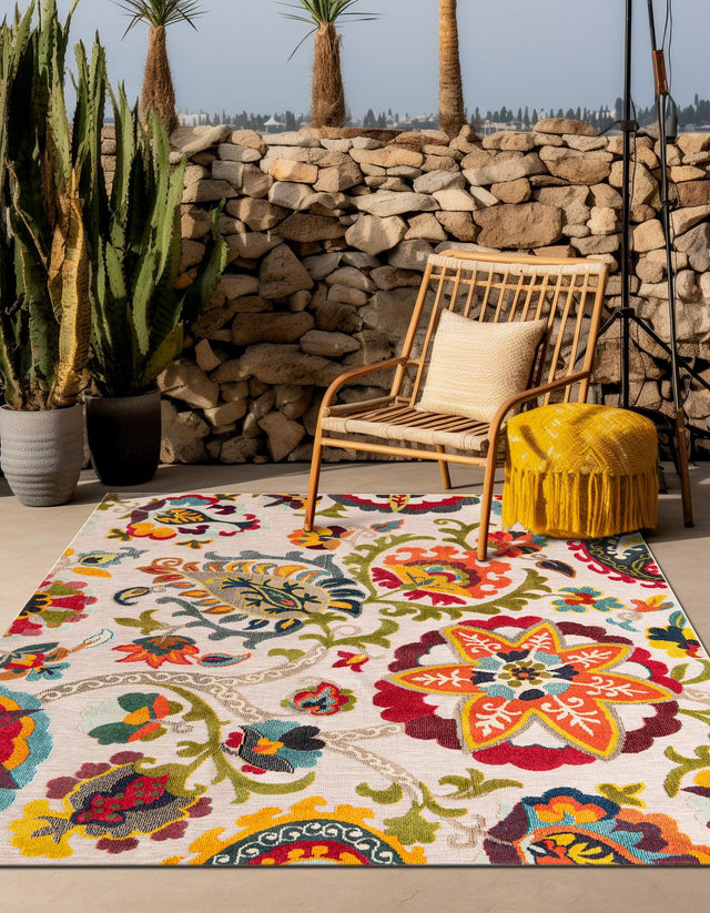 Multicolor Beige 7' 10 x 7' 10 Outdoor Casablanca Square Area Rug Weather Resistant for Patio, Deck, Terrace, Balcony, Porch Polypropylene Vivid Colorful Modern Carpet for Sale at Rug Engine