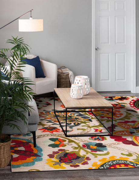 Multicolor Beige 10' x 10' Outdoor Casablanca Square Area Rug Weather Resistant for Patio, Deck, Terrace, Balcony, Porch Polypropylene Vivid Colorful Modern Carpet for Sale at Rug Engine