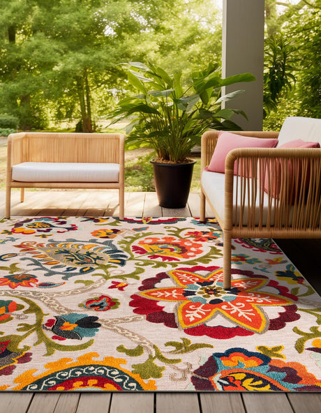 Multicolor Beige 7' 10 x 7' 10 Outdoor Casablanca Square Area Rug Weather Resistant for Patio, Deck, Terrace, Balcony, Porch Polypropylene Vivid Colorful Modern Carpet for Sale at Rug Engine
