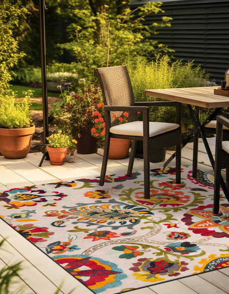 Multicolor Beige 10' x 10' Outdoor Casablanca Square Area Rug Weather Resistant for Patio, Deck, Terrace, Balcony, Porch Polypropylene Vivid Colorful Modern Carpet for Sale at Rug Engine