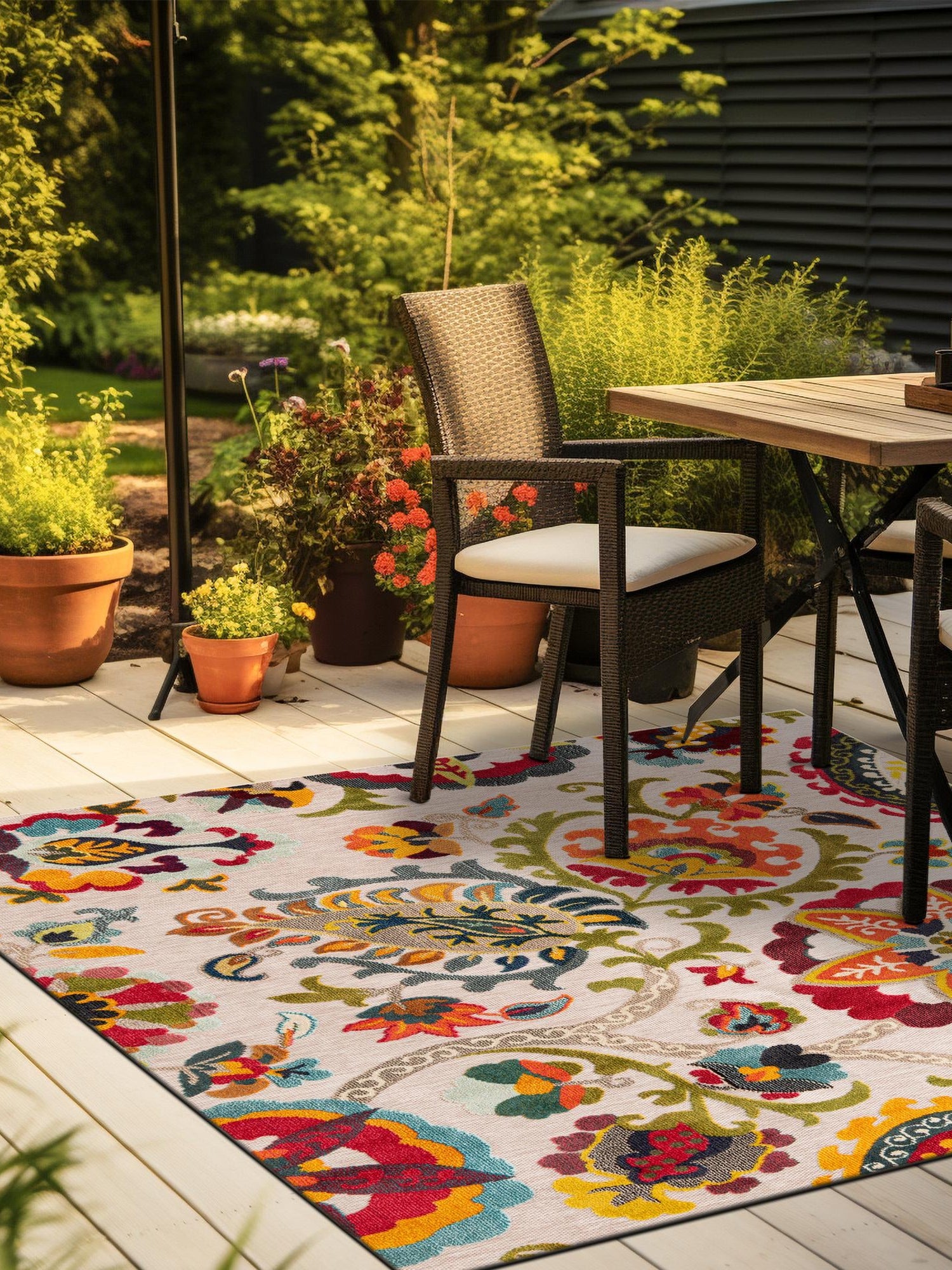 Multicolor Beige 7' 10 x 7' 10 Outdoor Casablanca Square Area Rug Weather Resistant for Patio, Deck, Terrace, Balcony, Porch Polypropylene Vivid Colorful Modern Carpet for Sale at Rug Engine