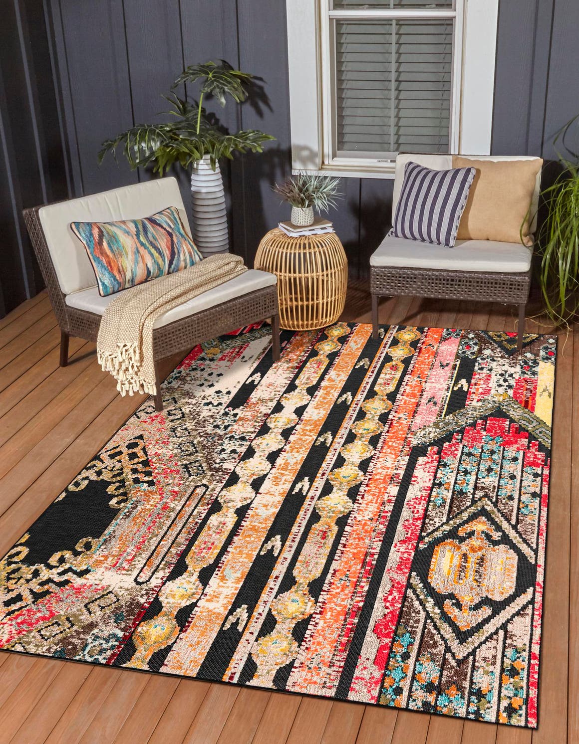 Multicolor Black 7' 10 x 10' Outdoor Casablanca Rectangle Area Rug Weather Resistant for Patio, Deck, Terrace, Balcony, Porch Polypropylene Vivid Colorful Modern Carpet for Sale at Rug Engine