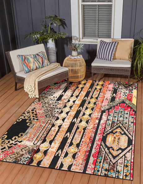 Multicolor Black 4' 1 x 6' 1 Outdoor Casablanca Rectangle Area Rug Weather Resistant for Patio, Deck, Terrace, Balcony, Porch Polypropylene Vivid Colorful Modern Carpet for Sale at Rug Engine