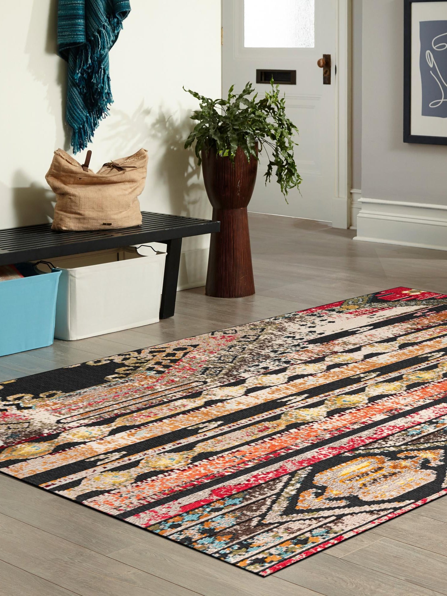 Multicolor Black 2' x 3' 1 Outdoor Casablanca Rectangle Area Rug Weather Resistant for Patio, Deck, Terrace, Balcony, Porch Polypropylene Vivid Colorful Modern Carpet for Sale at Rug Engine