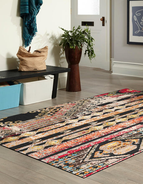 Multicolor Black 6' 1 x 9' Outdoor Casablanca Rectangle Area Rug Weather Resistant for Patio, Deck, Terrace, Balcony, Porch Polypropylene Vivid Colorful Modern Carpet for Sale at Rug Engine