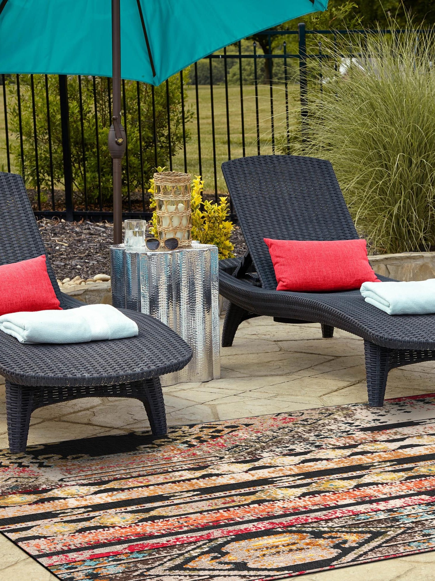Multicolor Black 9' x 12' Outdoor Casablanca Rectangle Area Rug Weather Resistant for Patio, Deck, Terrace, Balcony, Porch Polypropylene Vivid Colorful Modern Carpet for Sale at Rug Engine
