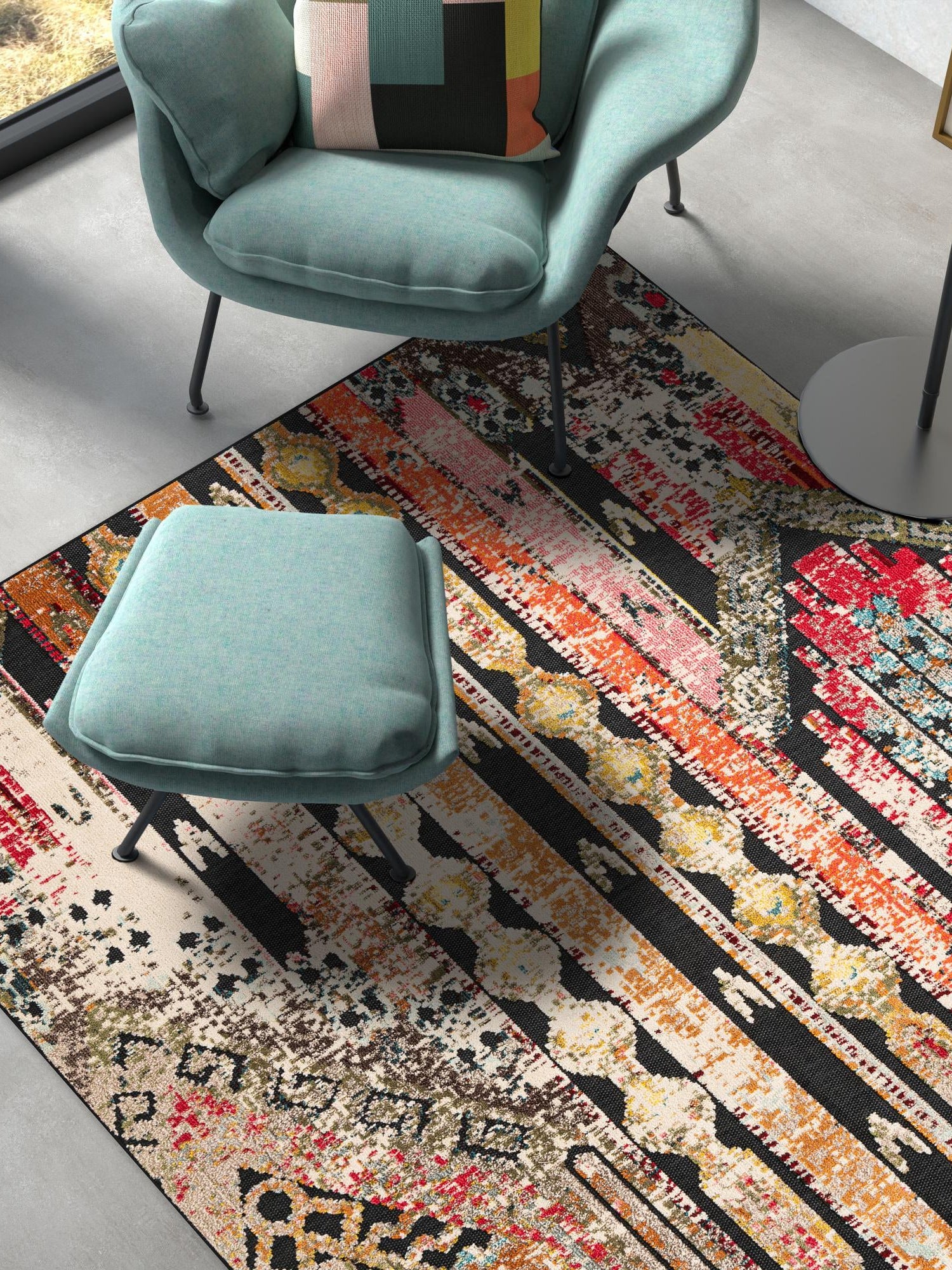 Multicolor Black 7' 10 x 10' Outdoor Casablanca Rectangle Area Rug Weather Resistant for Patio, Deck, Terrace, Balcony, Porch Polypropylene Vivid Colorful Modern Carpet for Sale at Rug Engine