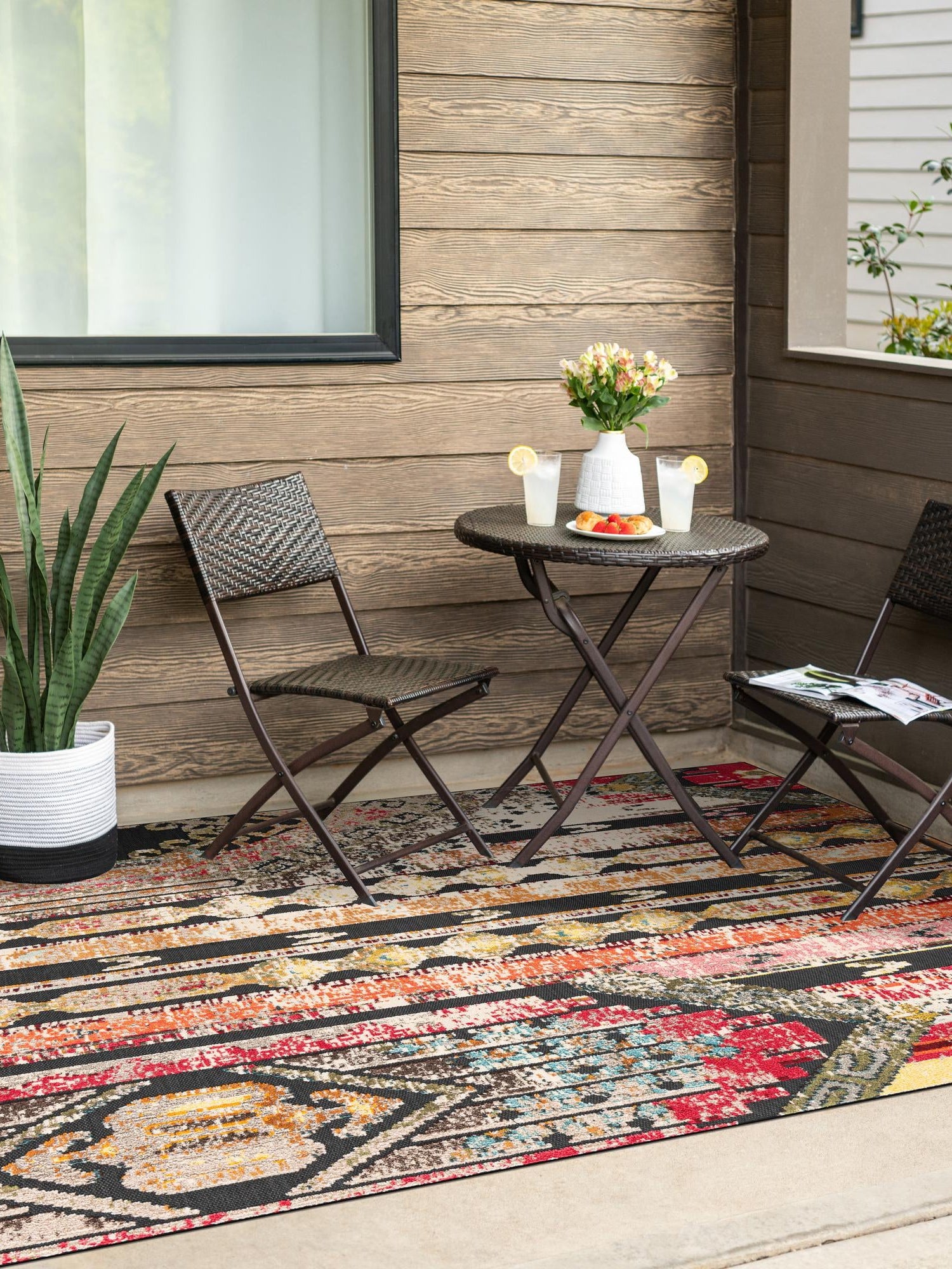 Multicolor Black 2' x 3' 1 Outdoor Casablanca Rectangle Area Rug Weather Resistant for Patio, Deck, Terrace, Balcony, Porch Polypropylene Vivid Colorful Modern Carpet for Sale at Rug Engine