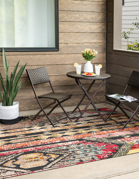 Multicolor Black 5' 3 x 8' Outdoor Casablanca Rectangle Area Rug Weather Resistant for Patio, Deck, Terrace, Balcony, Porch Polypropylene Vivid Colorful Modern Carpet for Sale at Rug Engine