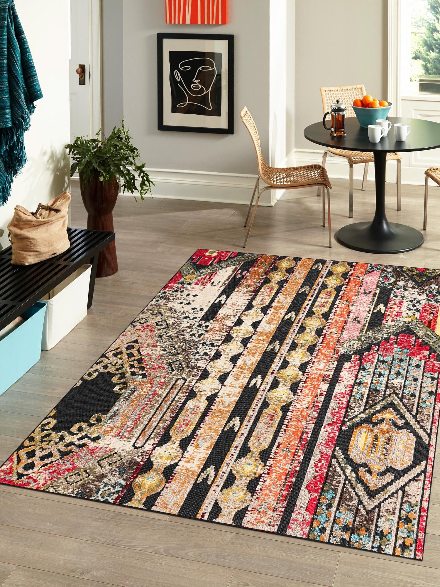 Multicolor Black 2' x 3' 1 Outdoor Casablanca Rectangle Area Rug Weather Resistant for Patio, Deck, Terrace, Balcony, Porch Polypropylene Vivid Colorful Modern Carpet for Sale at Rug Engine