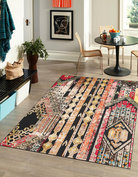 Multicolor Black 9' x 12' Outdoor Casablanca Rectangle Area Rug Weather Resistant for Patio, Deck, Terrace, Balcony, Porch Polypropylene Vivid Colorful Modern Carpet for Sale at Rug Engine