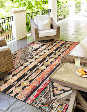Multicolor Black 5' 1 x 7' 1 Outdoor Casablanca Rectangle Area Rug Weather Resistant for Patio, Deck, Terrace, Balcony, Porch Polypropylene Vivid Colorful Modern Carpet for Sale at Rug Engine