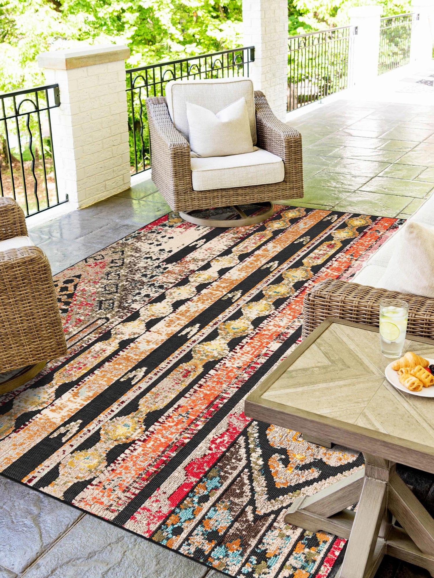 Multicolor Black 9' x 12' Outdoor Casablanca Rectangle Area Rug Weather Resistant for Patio, Deck, Terrace, Balcony, Porch Polypropylene Vivid Colorful Modern Carpet for Sale at Rug Engine