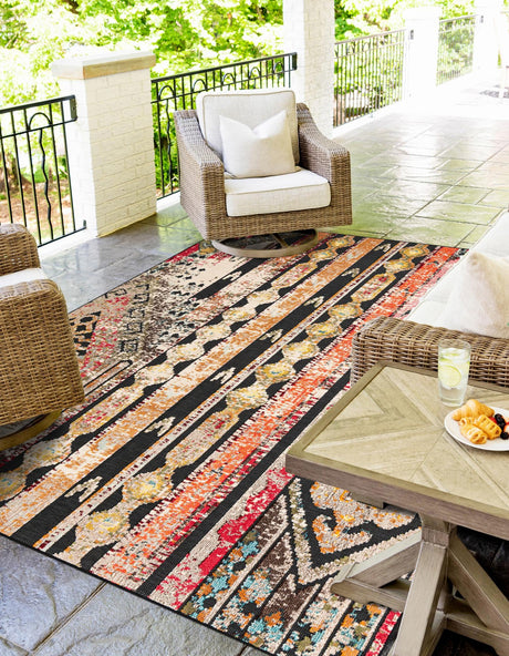 Multicolor Black 9' x 12' Outdoor Casablanca Rectangle Area Rug Weather Resistant for Patio, Deck, Terrace, Balcony, Porch Polypropylene Vivid Colorful Modern Carpet for Sale at Rug Engine