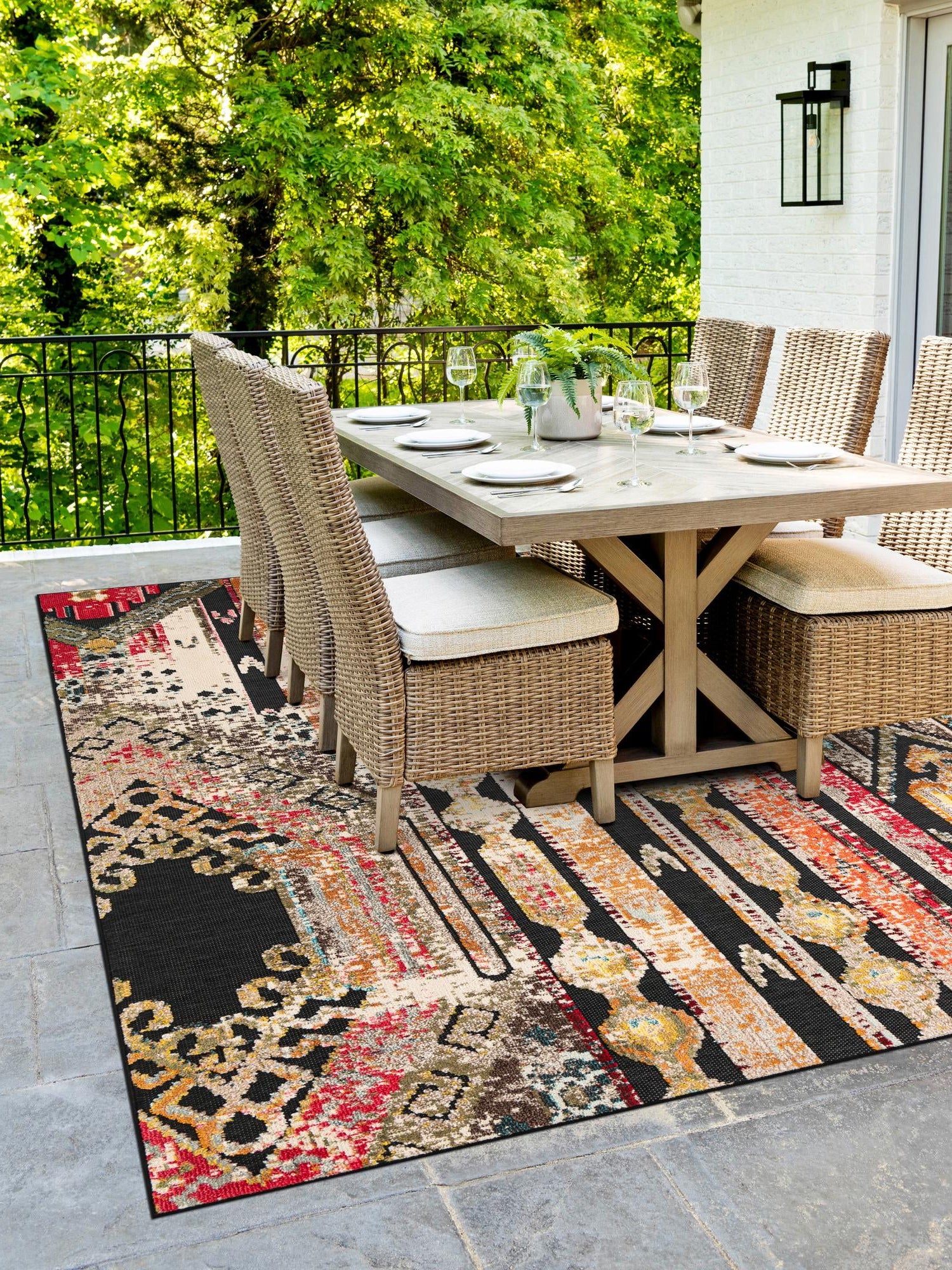 Multicolor Black 5' 3 x 8' Outdoor Casablanca Rectangle Area Rug Weather Resistant for Patio, Deck, Terrace, Balcony, Porch Polypropylene Vivid Colorful Modern Carpet for Sale at Rug Engine