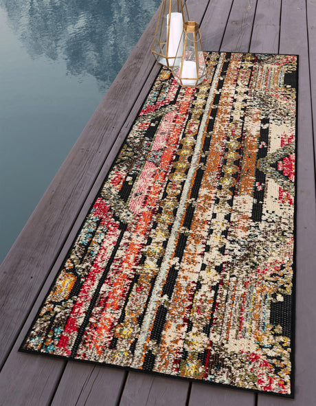 Multicolor Black 2' 7 x 10' Outdoor Casablanca Runner Area Rug Weather Resistant for Patio, Deck, Terrace, Balcony, Porch Polypropylene Vivid Colorful Modern Carpet for Sale at Rug Engine