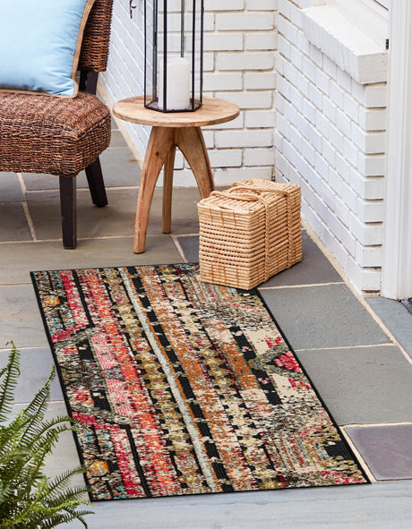 Multicolor Black 2' x 5' 1 Outdoor Casablanca Runner Area Rug Weather Resistant for Patio, Deck, Terrace, Balcony, Porch Polypropylene Vivid Colorful Modern Carpet for Sale at Rug Engine