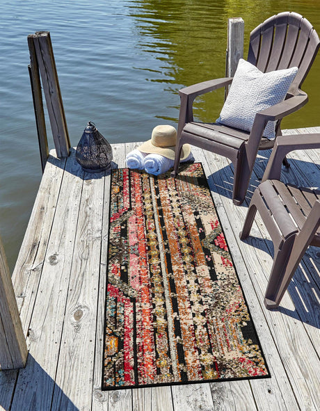 Multicolor Black 2' x 5' 1 Outdoor Casablanca Runner Area Rug Weather Resistant for Patio, Deck, Terrace, Balcony, Porch Polypropylene Vivid Colorful Modern Carpet for Sale at Rug Engine