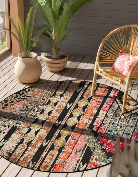 Multicolor Black 7' 10 x 7' 10 Outdoor Casablanca Round Area Rug Weather Resistant for Patio, Deck, Terrace, Balcony, Porch Polypropylene Vivid Colorful Modern Carpet for Sale at Rug Engine
