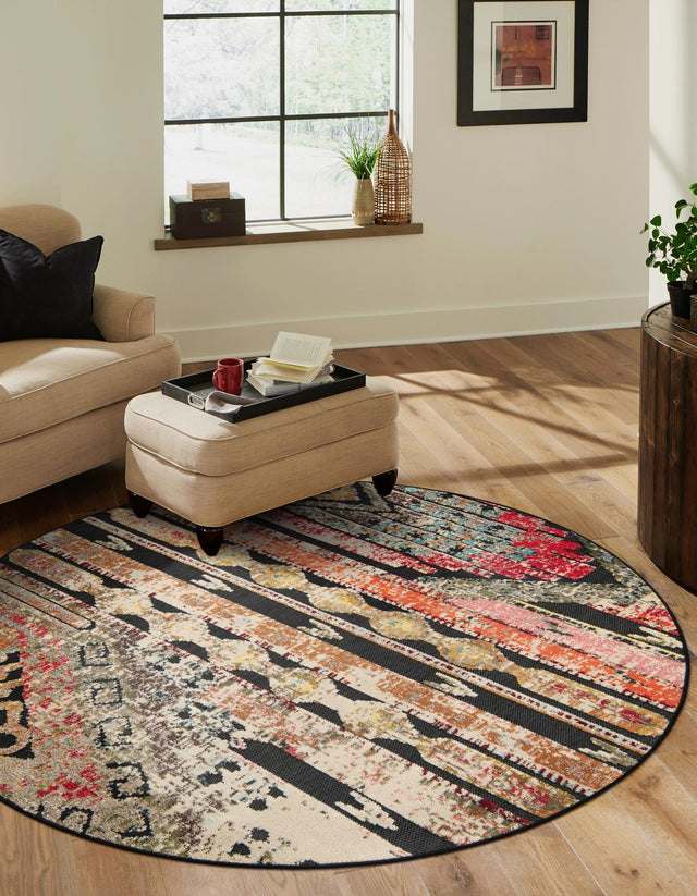 Multicolor Black 3' 1 x 3' 1 Outdoor Casablanca Round Area Rug Weather Resistant for Patio, Deck, Terrace, Balcony, Porch Polypropylene Vivid Colorful Modern Carpet for Sale at Rug Engine