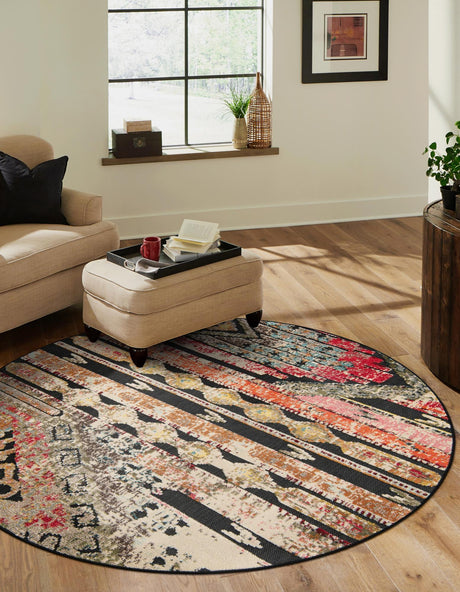 Multicolor Black 7' 10 x 7' 10 Outdoor Casablanca Round Area Rug Weather Resistant for Patio, Deck, Terrace, Balcony, Porch Polypropylene Vivid Colorful Modern Carpet for Sale at Rug Engine