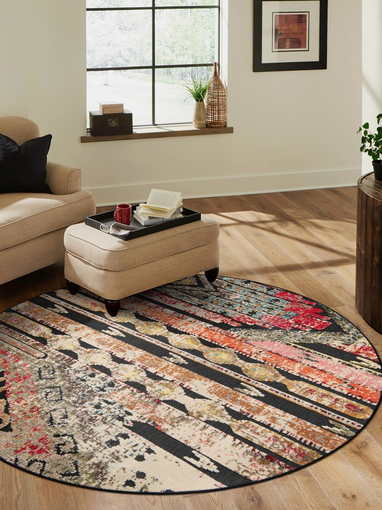 Multicolor Black 6' 1 x 6' 1 Outdoor Casablanca Round Area Rug Weather Resistant for Patio, Deck, Terrace, Balcony, Porch Polypropylene Vivid Colorful Modern Carpet for Sale at Rug Engine