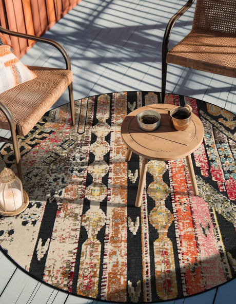 Multicolor Black 7' 10 x 7' 10 Outdoor Casablanca Round Area Rug Weather Resistant for Patio, Deck, Terrace, Balcony, Porch Polypropylene Vivid Colorful Modern Carpet for Sale at Rug Engine