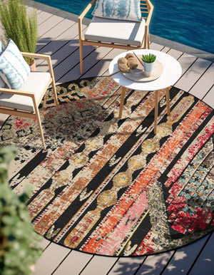 Multicolor Black 3' 1 x 3' 1 Outdoor Casablanca Round Area Rug Weather Resistant for Patio, Deck, Terrace, Balcony, Porch Polypropylene Vivid Colorful Modern Carpet for Sale at Rug Engine