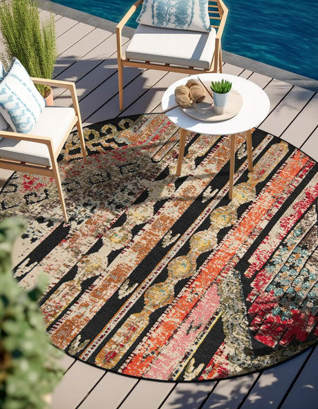Multicolor Black 6' 1 x 6' 1 Outdoor Casablanca Round Area Rug Weather Resistant for Patio, Deck, Terrace, Balcony, Porch Polypropylene Vivid Colorful Modern Carpet for Sale at Rug Engine
