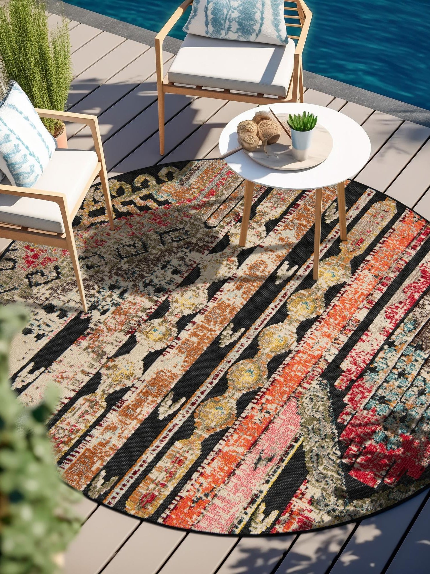 Multicolor Black 7' 10 x 7' 10 Outdoor Casablanca Round Area Rug Weather Resistant for Patio, Deck, Terrace, Balcony, Porch Polypropylene Vivid Colorful Modern Carpet for Sale at Rug Engine