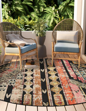 Multicolor Black 3' 1 x 3' 1 Outdoor Casablanca Round Area Rug Weather Resistant for Patio, Deck, Terrace, Balcony, Porch Polypropylene Vivid Colorful Modern Carpet for Sale at Rug Engine