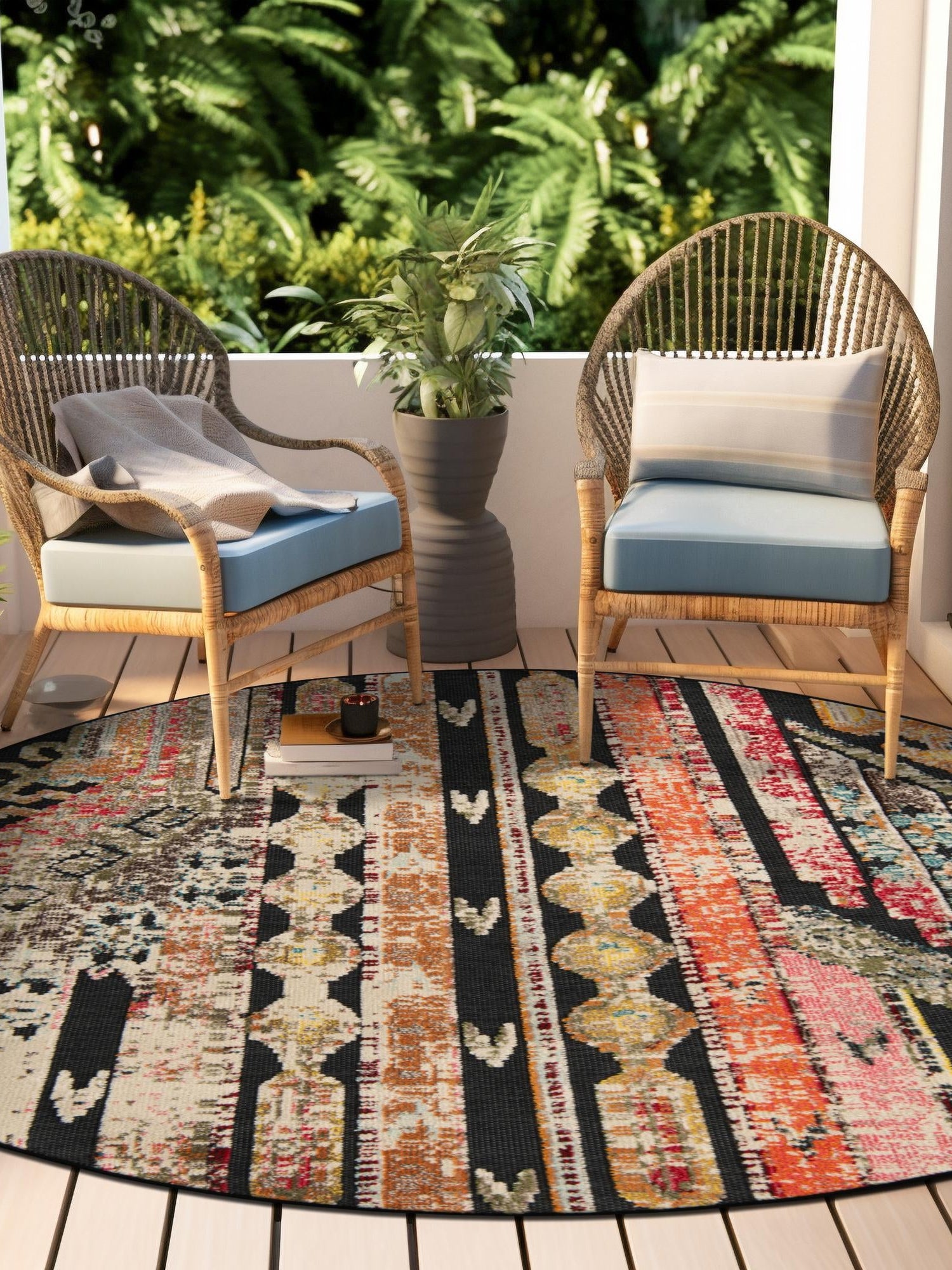 Multicolor Black 7' 10 x 7' 10 Outdoor Casablanca Round Area Rug Weather Resistant for Patio, Deck, Terrace, Balcony, Porch Polypropylene Vivid Colorful Modern Carpet for Sale at Rug Engine