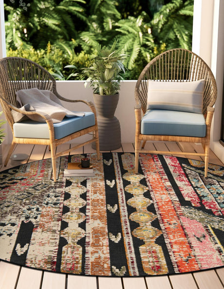 Multicolor Black 6' 1 x 6' 1 Outdoor Casablanca Round Area Rug Weather Resistant for Patio, Deck, Terrace, Balcony, Porch Polypropylene Vivid Colorful Modern Carpet for Sale at Rug Engine