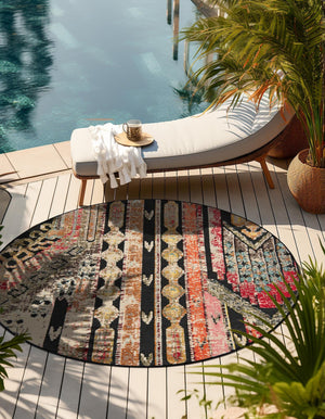 Multicolor Black 3' 1 x 3' 1 Outdoor Casablanca Round Area Rug Weather Resistant for Patio, Deck, Terrace, Balcony, Porch Polypropylene Vivid Colorful Modern Carpet for Sale at Rug Engine