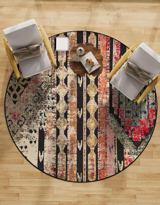 Multicolor Black 3' 1 x 3' 1 Outdoor Casablanca Round Area Rug Weather Resistant for Patio, Deck, Terrace, Balcony, Porch Polypropylene Vivid Colorful Modern Carpet for Sale at Rug Engine