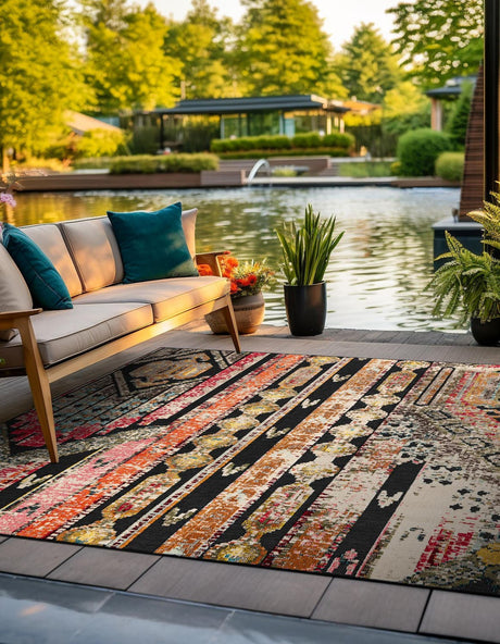 Multicolor Black 10' x 10' Outdoor Casablanca Square Area Rug Weather Resistant for Patio, Deck, Terrace, Balcony, Porch Polypropylene Vivid Colorful Modern Carpet for Sale at Rug Engine