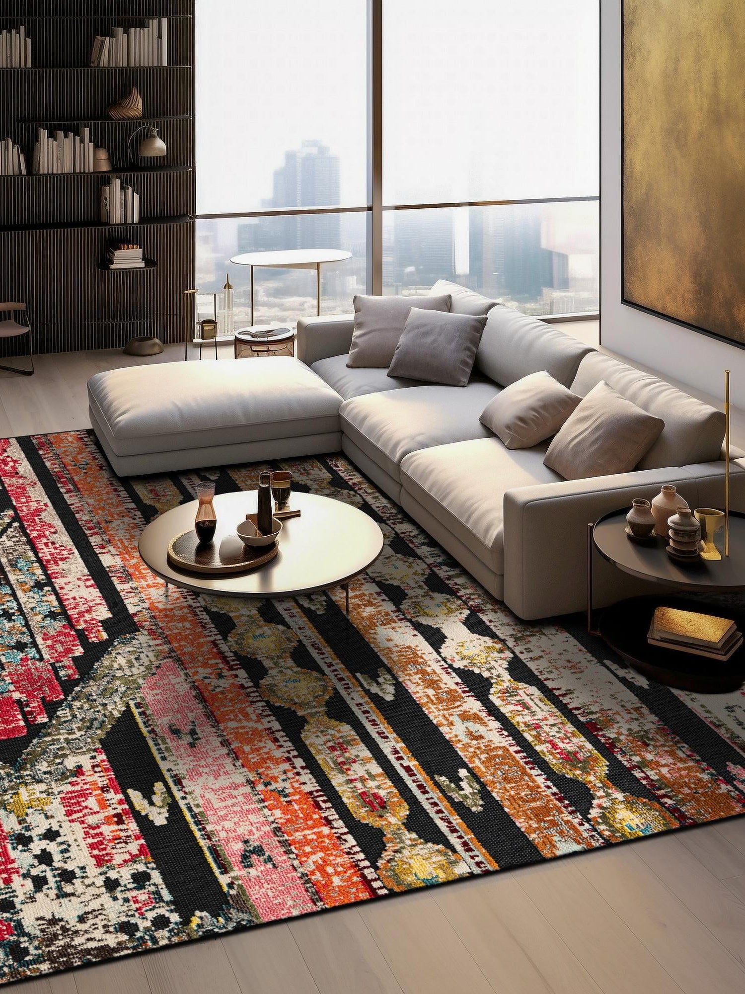 Multicolor Black 10' x 10' Outdoor Casablanca Square Area Rug Weather Resistant for Patio, Deck, Terrace, Balcony, Porch Polypropylene Vivid Colorful Modern Carpet for Sale at Rug Engine
